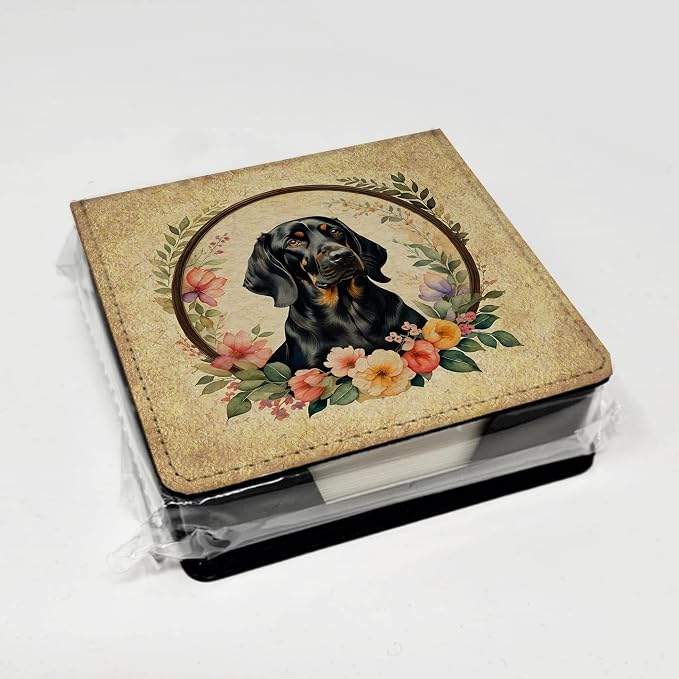 Caroline's Treasures Black and Tan Coonhound and Flowers PU Leather Note Paper Holder with Artist-Designed Cover, Desk Accessory, Office Gift