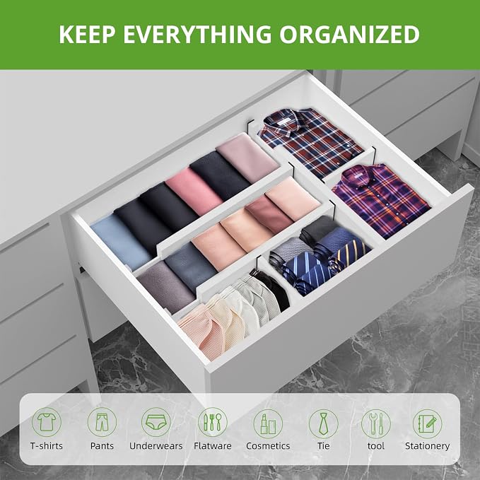4 Pack Expandable Drawer Dividers, 4.7'' High, Extend from 12.2'' to 17.7'', Bamboo Dresser Drawer Organizers Separators for Kitchen, Bedroom, Office, Bathroom (White)