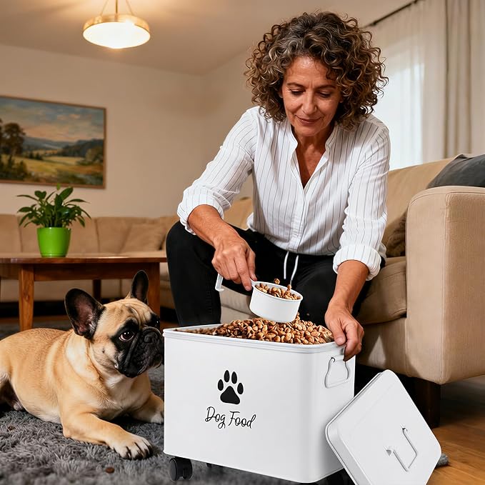 Dog Food Container 13lb, Cute Airtight Pet Food Storage Containers with Metal Lid Scoop, Black Metal Storage Bin for Dog/Cat with Wheels,Easy to Move White