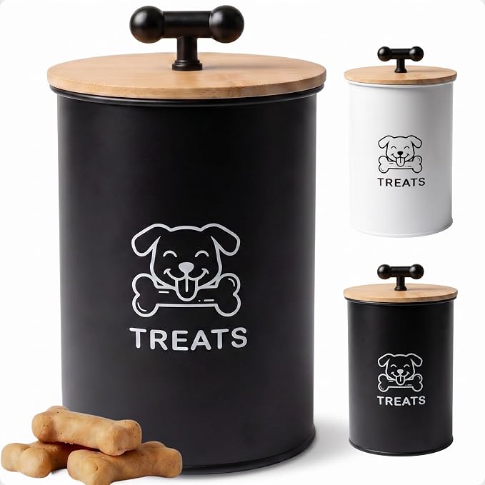 Dog Treat Container Airtight, 4.6"W x 6"H, Powder Coated, 6 Cup Capacity | Fits All Popular Treats, 6 Cup Capacity, Airtight Bamboo Lid, Easy Open Lid, Dent-Resistant Durable Metal Bone-Shaped Handle