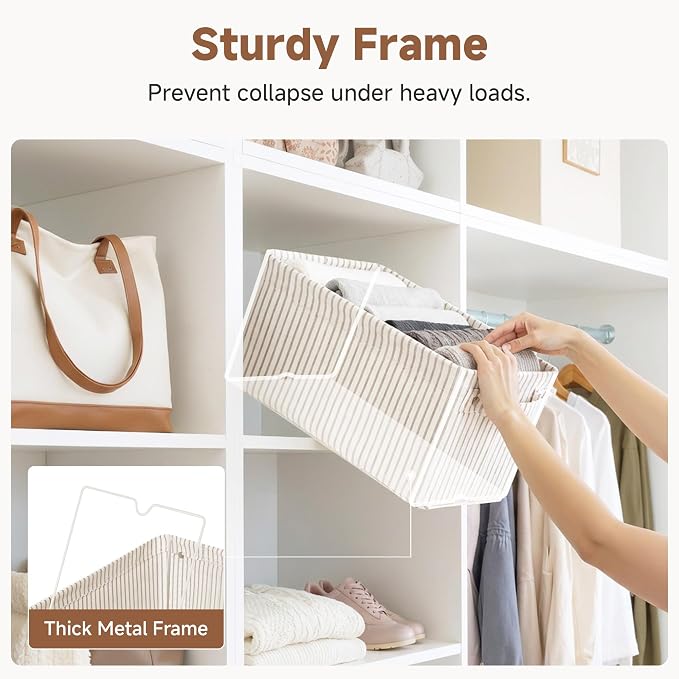 StorageWorks Narrow Storage Bins, Khaki and Beige Stripes, 2-Pack | With Metal Frame, Sturdy Structure, Reinforced Handles, Long Basket for Toilet Paper, For Bathroom, Closet, Shelf