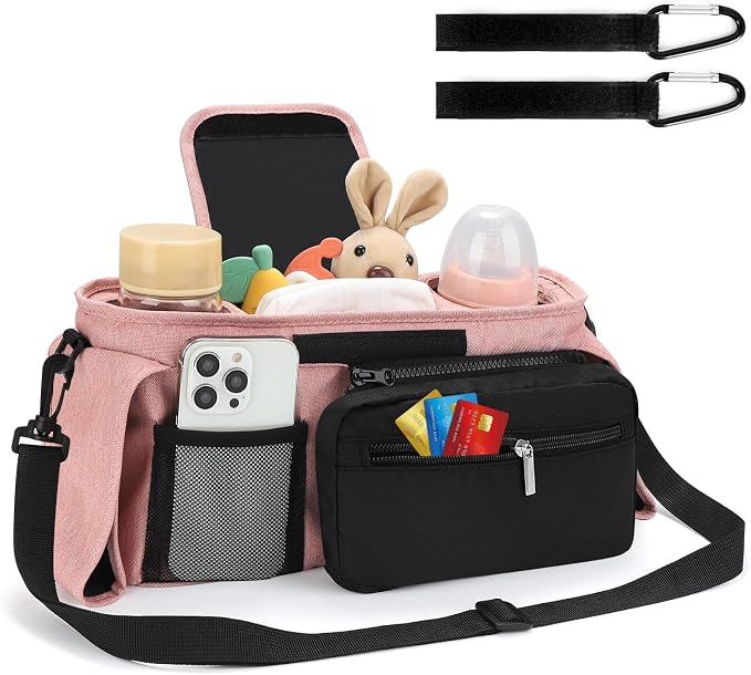 Accmor Universal Stroller Organizer with Insulated Cup Holder Detachable Phone Bag and Shoulder Strap,Stroller Bag Caddy Organizer for Uppababy, Baby Jogger, Britax Strollers