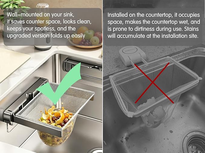 Kitchen Sink Strainer with Filter Mesh Bag, Food Waste Filter Basket, Folding Drain Strainer Catcher for Veggies, Fruits, Dishes (PET holder & metal arms)(grey)