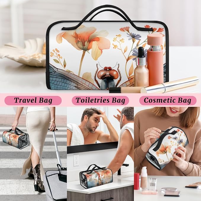 Flower Dragonfly Makeup Bag for Women Hanging Roll-Up Travel Organizer Toiletry Kit with 4 Removable Compartments, Floral Dragonflies