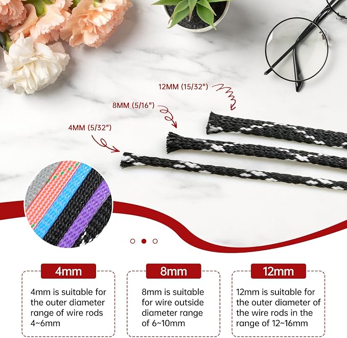 Braided Cable Management Sleeves, High Density PP Cotton Mixed PET Yarn Wire Loom for Automotive Wiring Harness & PC Computer Case Pets No Chew (Black White Black, 4mm (5/32")-49ft)