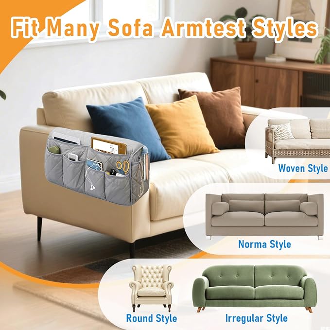 Armchair Caddy, Remote Control Holder for Recliners, Sofa Armrest Organizer, Non Slip Recliner Organizer, Couch Caddy with 14 Pockets Storage for TV Remote, Phone, Magazine (Grey)