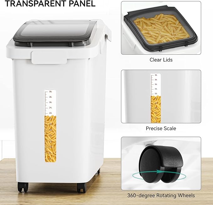 YITAHOME 50L/90lb Large Ingredient Flour Storage Bin, Commercial 11.4-Gallon Rice Storage Container 280 Cups Bulk Flour storage Bins with Wheels,Scoop,Lid and scale, Rice Bin for Kitchen, White