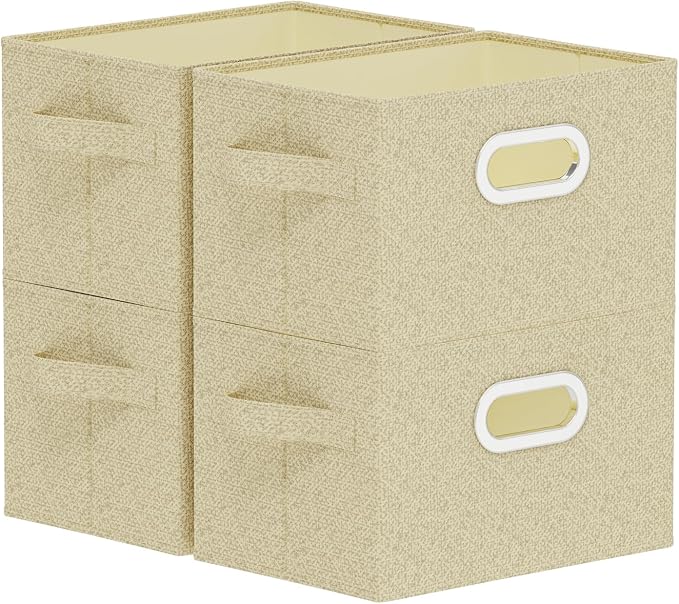 Storage Bins with Metal Grips,Grey and Beige,10.2x7.9x6.7in,4 Pack | Fabric Storage Baskets with Soft Cloth Handles,Thick PP Panel Wardrobe Containers,Wipeable Open Boxes for Closet Shelves