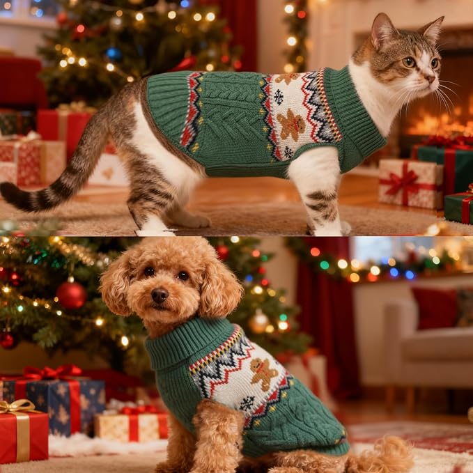 Dog Christmas Sweater Puppy Soft Holiday Xmas Clothes Pet Gingerbread Man Outfit for Small Medium Dogs and Cats Winter Warm Knitwear (Green, Small)