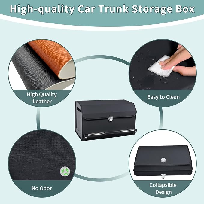 Car Trunk Organizer Leather Car Storage Organizer with Lid Car Organizer | Suv Trunk Organizer with Sturdy Handle Car Cargo Storage Box for Minivan, Sedan, Jeep (Black, 20.47 x 11.4 x 12.2in)