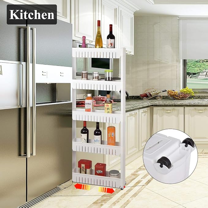 Laundry Room Organizer, Mobile Shelving Unit Organizer with 4 Large Storage Baskets, Gap Storage Slim Slide Out Pantry Storage Rack for Narrow Spaces, 4 Tier …