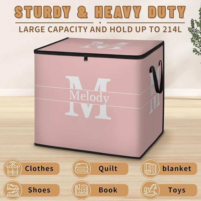 Personalized Name Foldable Storage Basket Cubes with Initial Letter, Pale Pink Quilt Comforter Storage Bin with Handles for Shelf Home Closet Bedroom