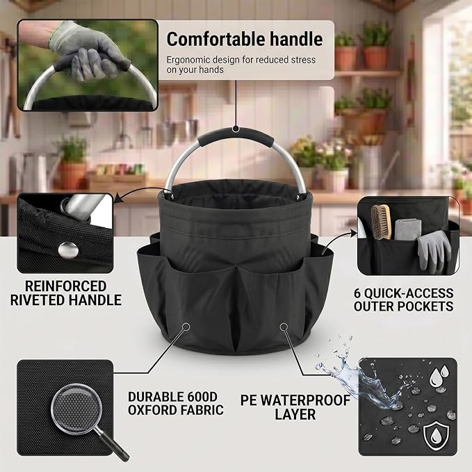Foldable Cleaning Organizer Caddy With Handle 17L Large Cleaning Supplies Organizer 600D Oxford Portable Organizer Bucket With 6 Pockets for Home Bathroom Garden Garage Bedroom