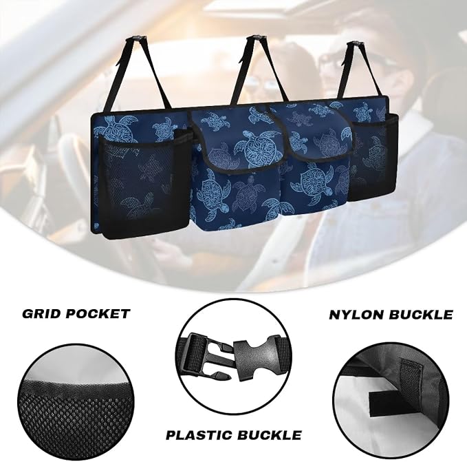 Dreaweet Blue Sea Turtle Car Trunk Organizer Hanging Back Seat Storage Bag with 4 Pockets,Turtle Car Accessories Waterproof Adjustable Large Capacity Collapsible Trunk Organizer for SUV Trucks Sedan