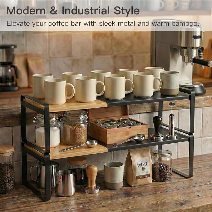 Expandable Bamboo Dish Riser Shelf Riser Stackable Black | Expandable bamboo riser creates cabinet space, while anti-slip legs provide stable support for dishes without wire racks