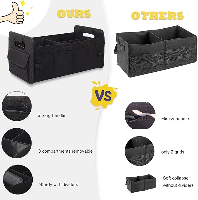 JiatuA Car Trunk Organizer for SUV, Collapsible Car Storage Organizer Black | Sturdy, Large Capacity, Diamond Decor, Multi Compartment Container Box Adjustable Car Accessories for Sedan Truck
