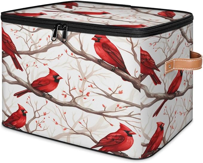 Storage Bins Branch Cardinals Storage Basket with Zipper Lid & Handle Foldable Storage Box Storage Cube Bin Clothes Organizer for Closet, Bedroom