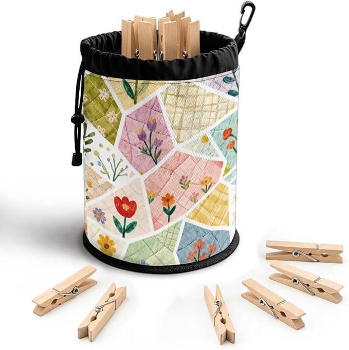 Clothespin Bag Holder Outside, Patchwork Floral Print Multiple Hanging Methods Clothes Pin Bag with Drawstring Closure, Large-Capacity Clothespin Storage Organizer with Hooks
