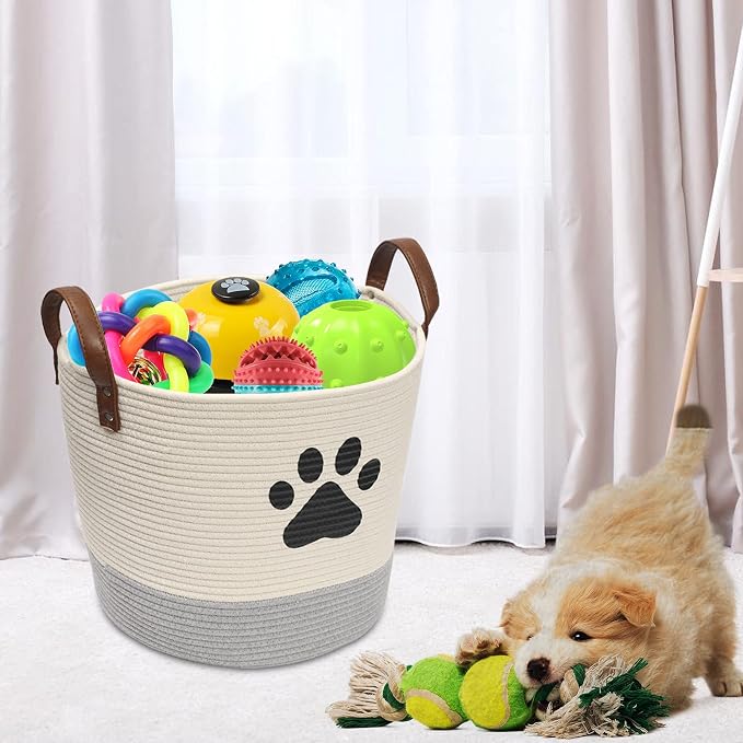 Cotton dog toy basket storage, puppy toy basket, puppy bins, laundry basket blanket storage bin - Perfect for organizing pet toys, blankets, leashes, pee mats and diapers -beige gray