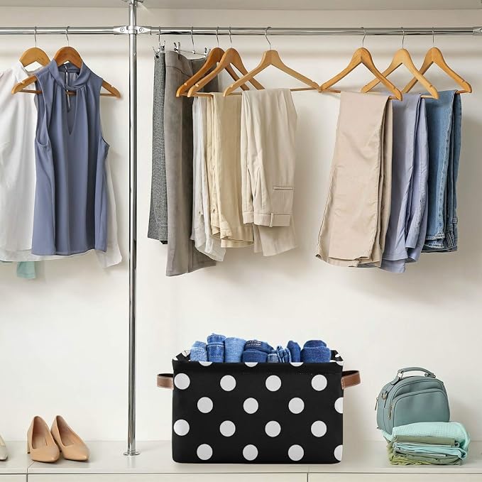 susiyo Large Foldable Storage Bin Black White Polka Dot Fabric Storage Baskets Collapsible Decorative Baskets Organizing Basket Bin with PU Handles for Shelves Home Closet Bedroom Living Room-2Pack