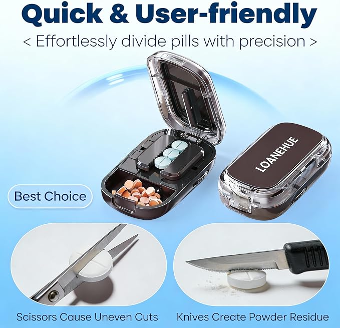 Precision Pill Cutter for Small and Tiny Pills, Sharp Blade with Storage Compartment, Travel-Friendly 1/2 Pill Splitter for Home/On-The-Go, Black