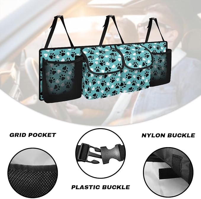 Dog Paw Car Trunk Organizer Hanging Multipurpose Auto Backseat Storage Bag Universal Automotive Interior Accessories with 4 Pockets 3 Adjustable Straps