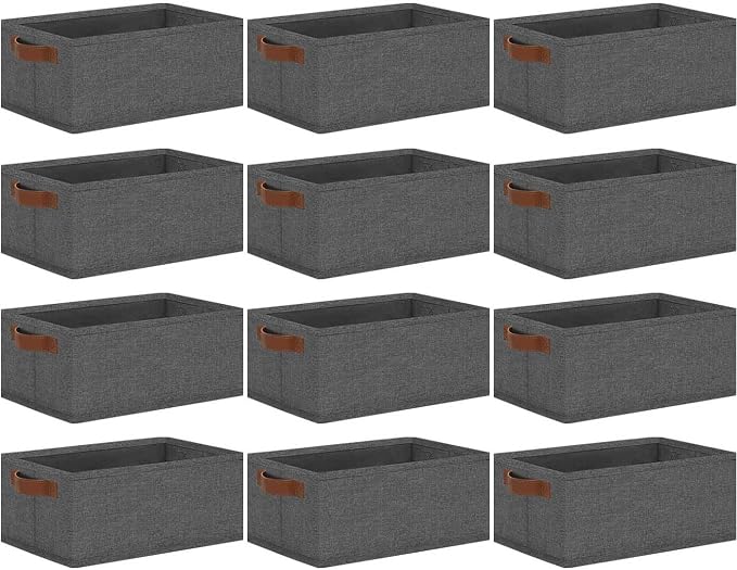 GhvyenntteS Small Fabric Storage Bins 12 Pack, 11.8" x 7.87" x 5.11" Storage Basket with Leather Handles, Closet Storage Bins for Shelves, Storage Baskets for Shelves, DVD Storage (Grey)