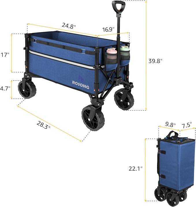 ROSONG Collapsible Wagon Cart with Wheels Foldable - Folding Utility Heavy Duty Wagons Carts for Grocery Sports Garden Shopping Camping Wheelbarrows (Navy Blue, 120L)