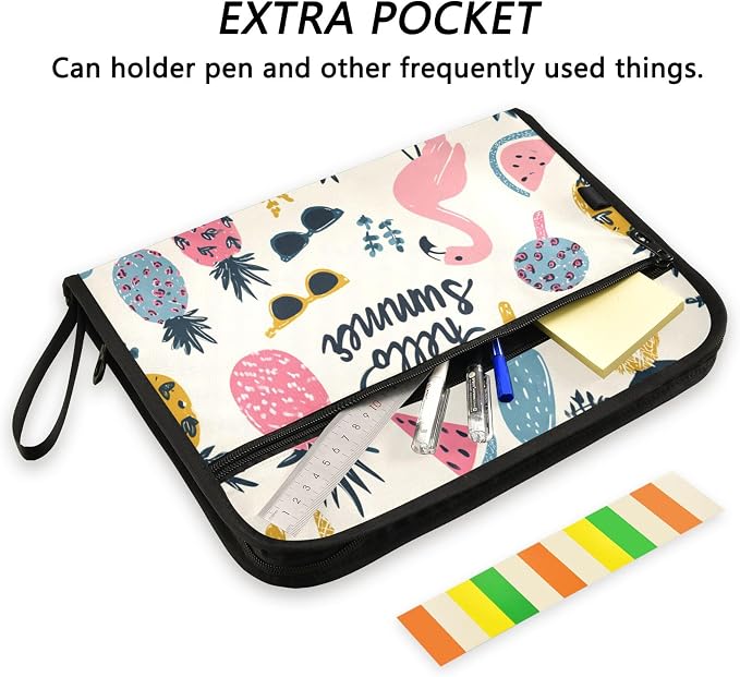 Hello Summer Playful Tropical Doodles Expanding File Folder with Sticky Labels, 13 Pockets Accordion File Folder Document Organizer Expandable Zip File Folder with Zipper Closure