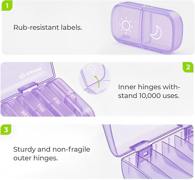 AUVON Weekly Pill Organizer 2 Times a Day, One-Sided Opening, Easy to Use | AM PM Pill Case, XL Pill Box 7 Day, Travel Medication Organizer for Medication, Vitamins, Fish Oils, Supplements, Pale Purple