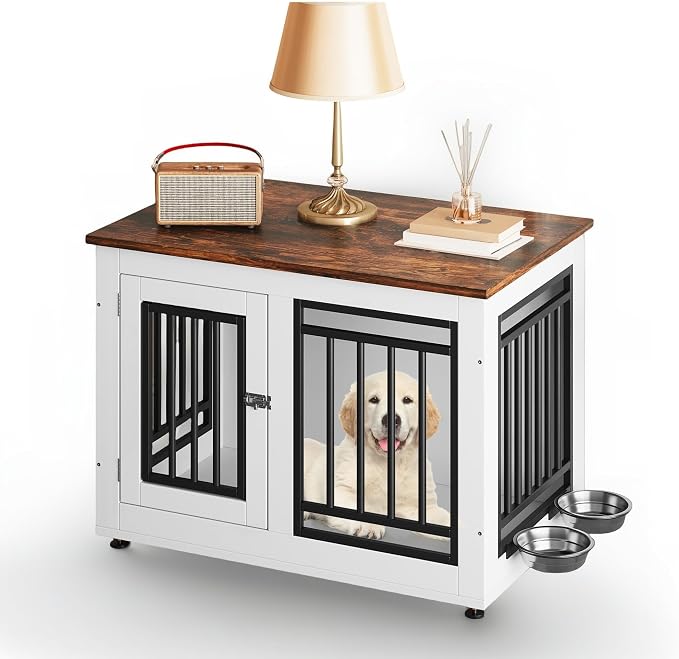 DWVO 28 Inch Dog Crate Furniture with Adjustable Feet & Removable Bowls | Dog Kennel Indoor Furniture End Table for Dogs, Modern Decorative Wooden Cage, Chew-Resistant, White