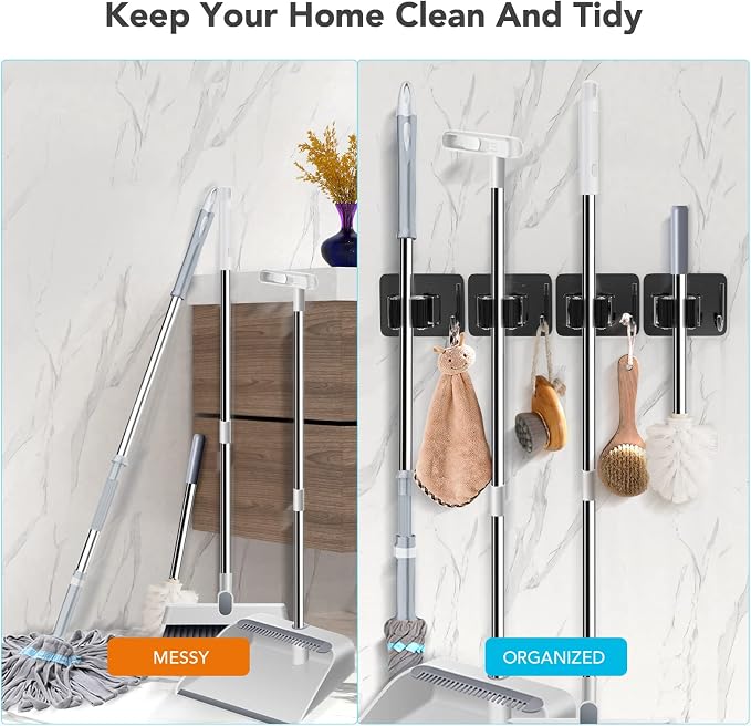 homeasy Broom Holder Wall Mount 4Pcs, Self Adhesive Mop Broom Hanger | Self adhesive stainless steel broom organizer with 4 hooks, holds mops, brooms and garden tools without drilling