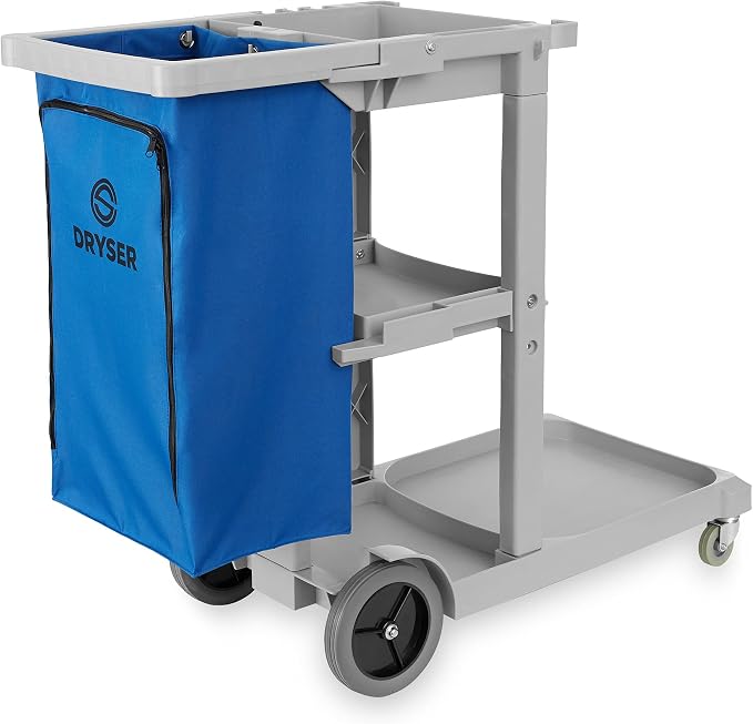 Commercial Janitorial Cleaning Cart on Wheels with Shelves and Vinyl Bag & Commercial Mop Bucket with Side Press Wringer, 26 Qt. Blue