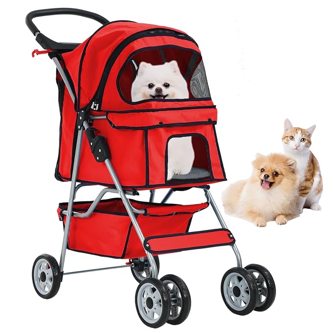 4 Wheels Pet Stroller, Ideal for Small to Medium Pets. Features a Folding Design, Waterproof Construction, Cup Holder, and Removable Liner. Perfect for Jogging or Traveling with Your Pets (Red)