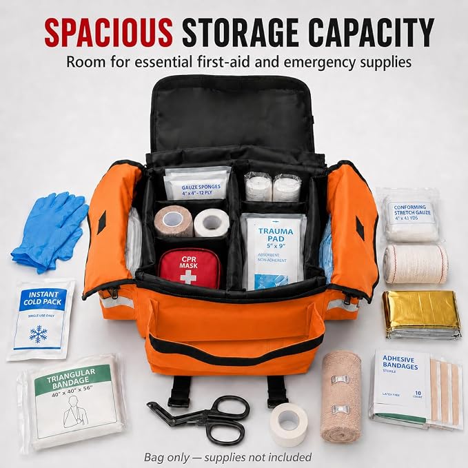 NOVAMEDIC NM-RO63P Professional First Responder Bag, 17” x 9” x 7” Empty EMT Trauma Kit Carrier with Removable Dividers, Reflective Strips, Water-Resistant Base for Emergency Medical Supplies (Orange)