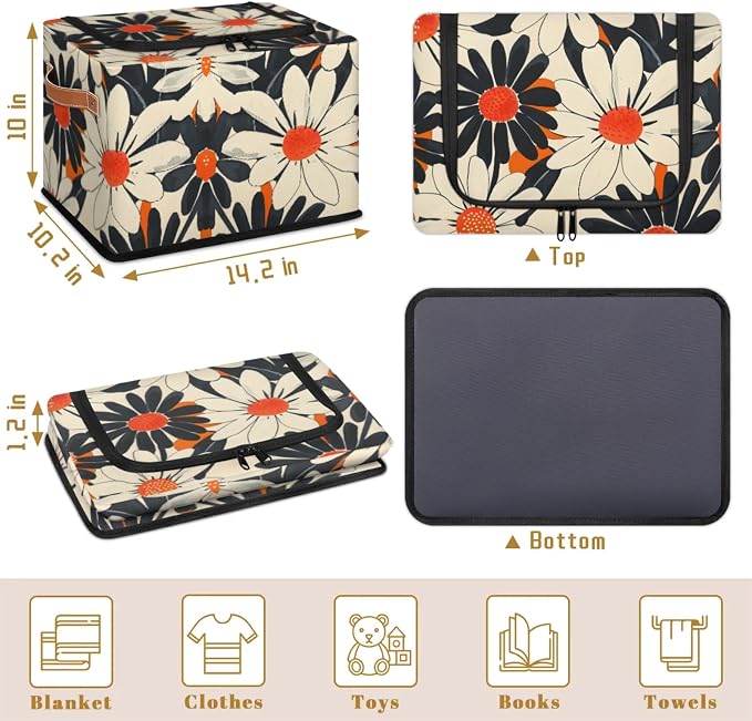 Orange Flowers Storage Bins With Zipper Lid, Collapsible Trunk Organizer, Car Organizers and Storage Bins with Lids, Decorative Storage Boxes with Handle, Home Storage Baskets for Organizing