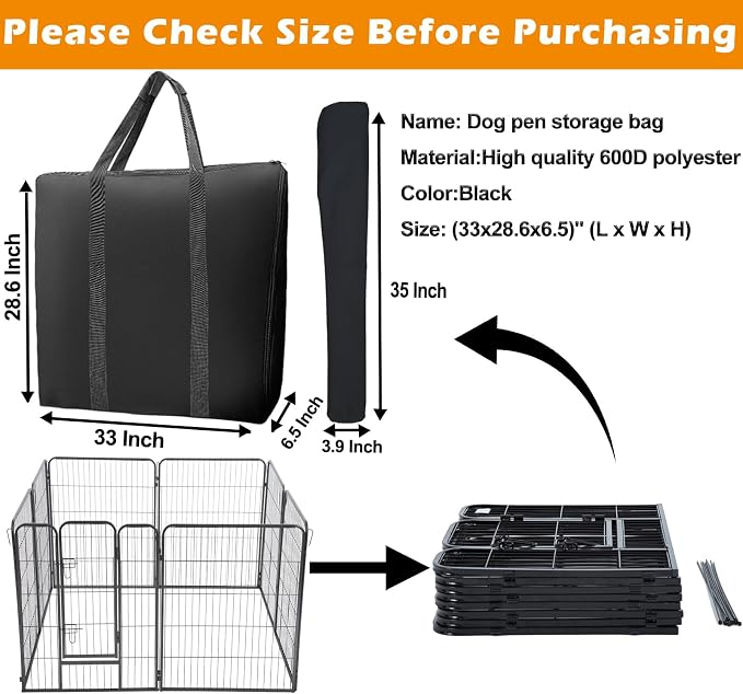 LWFCOEE Dog Playpen Storage Bag, 24/32/40 Inch Waterproof Heavy Duty Dog Fence Travel Bag with Handle for RV Trip, Fits 8 Panels Dogs Pen and 9 Stakes, 33"x28.6"x6.5"