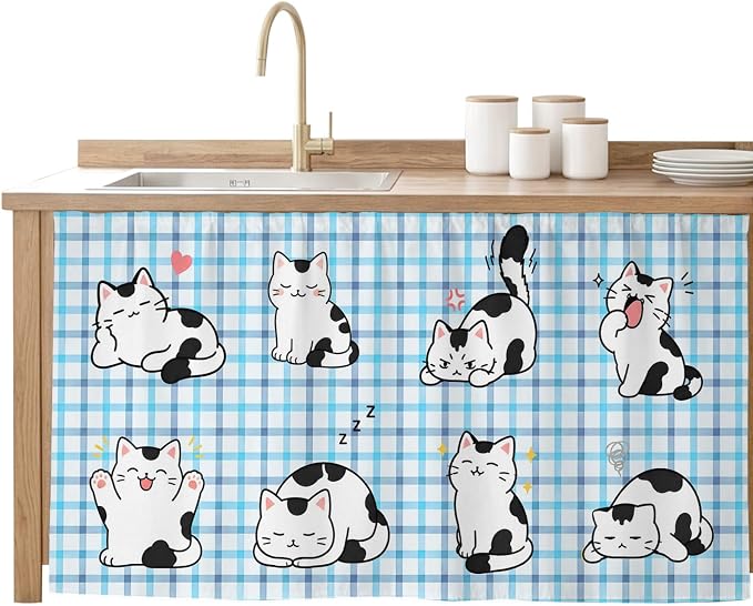 Cute Cat Sink Skirt for Bathroom, Self-Adhesive Under Sink Curtain, Modern Playful Pet Cats Blue Purple Plaid Hide Pipes & Storage Fabric Cabinet Skirt Cover for Kitchen Laundry 32"x55"
