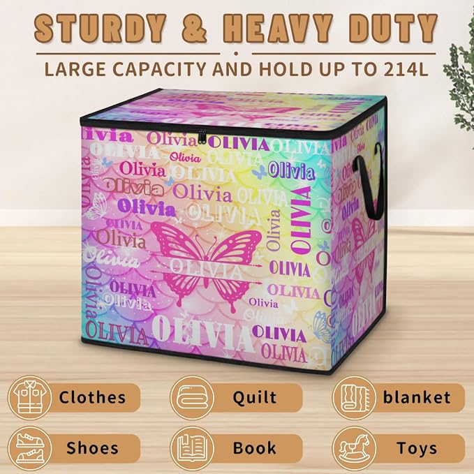 Personalized Large Storage Basket with Lid, Comforters, Bedding Storage Bin with Handles for Home, Collapsible Basket for Clothes, Moving, Car Trunk, Coolorful Pink Mermaid Scale with Butterfly