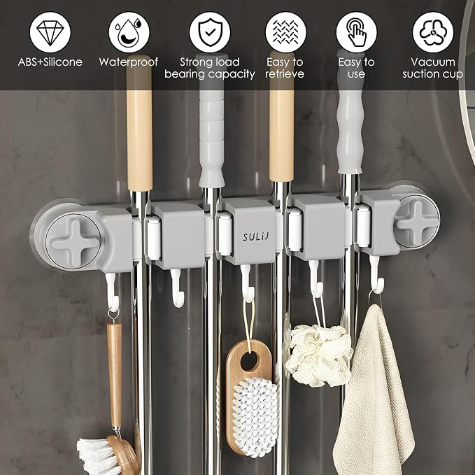 Broom Holder Wall Mount Sturdy Mop and Broom Organizer with 4 Racks and 5 Hooks Vacuum Suction Cup Broom Mop Holder for Home, kitchen, Garden, Tools, Garage (grey)