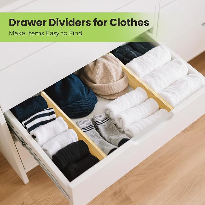 Fyvva Drawer Organizer, Spring-Loaded Expandable Bamboo Dividers 4-Pack | Large Kitchen Drawer Organizer, Adjustable 16.9 to 22.2 in, 2.3in High Non Slip for Kitchen Clothes Bathroom Office Natural