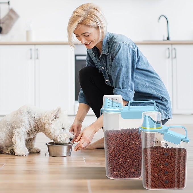LEAWALK Dog Food Storage Container, Upgraded Large Nozzle BPA-free, 3+5 LBS Plastic Pet Food Storage Containers, With 4 Sealed Clasps, 1 Measuring Cup and Handle (Bright blue)