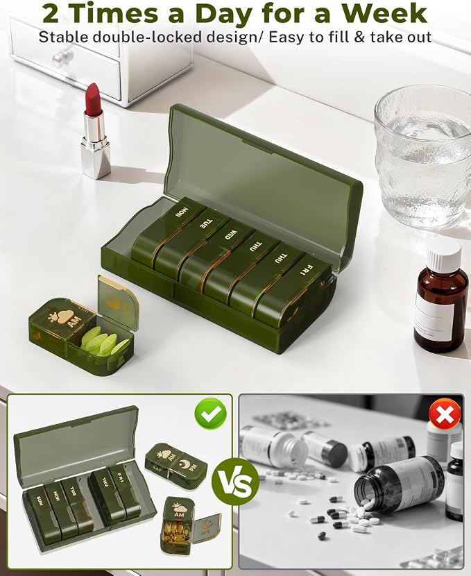 Weekly Pill Organizer 2 Times a Day, 7 Day AM PM Pill Box for Travel | Portable Medication Dispenser with Child-Resistant Latch, BPA-Free, Travel, Office, Pets, Emergency Use (Green)