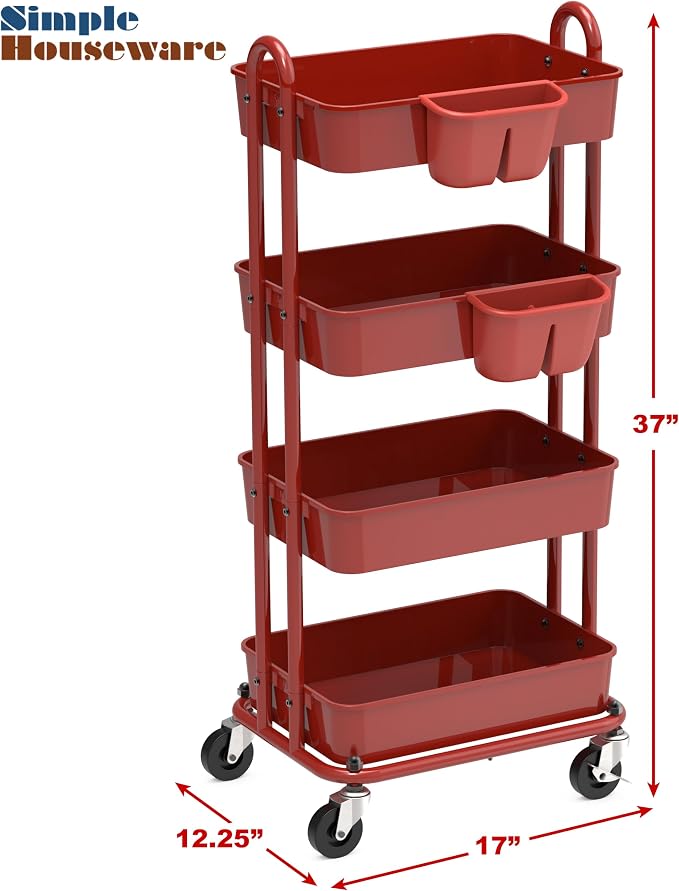 Simple Houseware 4-Tier Rolling Utility Cart with Hanging Bucket, Red | Storage for Bathroom, Kitchen, Office, Study Room, Nursery Diaper