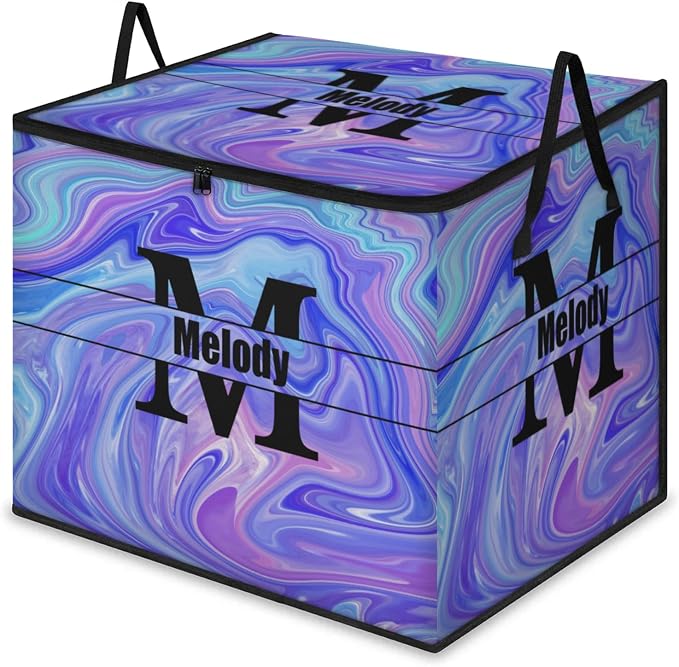 Personalized Storage Bins with Lid, Customized Name Initial Letter Jumbo Storage Basket Rectangle Clothes Organizer for Organizing Kids and Pets Toys Shelf Closet, Abstract Purple Pattern