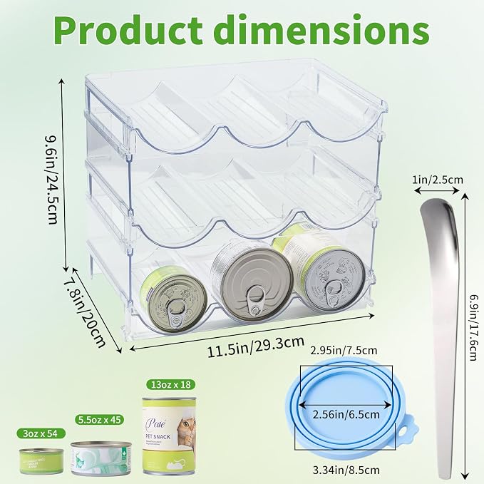 Cat Can Storage Organizer for Pantry, High Clear Acrylic Dog Canned Food Storage Rack 2 Tier Stackable Shelf for Pet Cans Dispenser with Can Cover Lid and Spoon (3 Tier Stackable Pet Can Organizer)