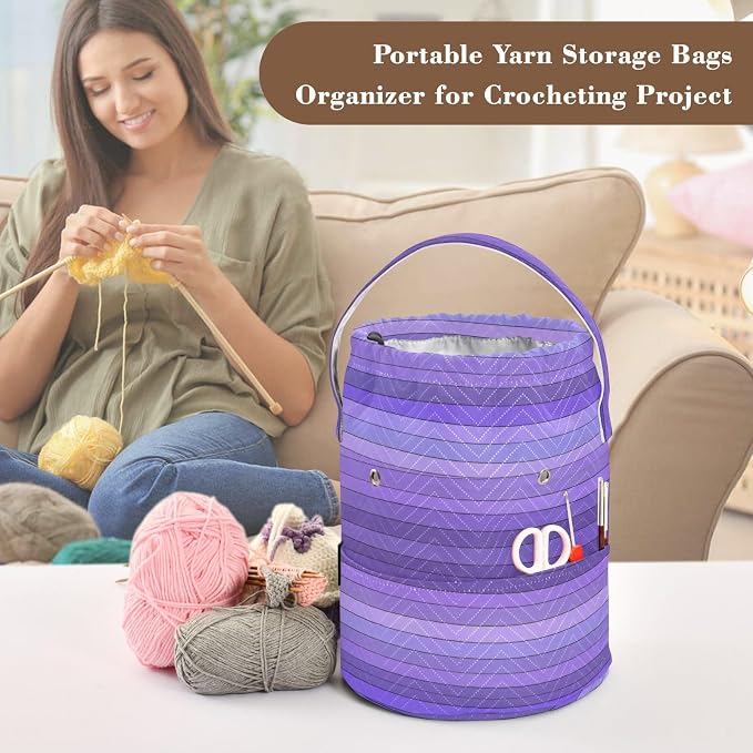 Tatenale Crochet Bag Yarn Bag Knitting Project Bag with Pockets and Handle Portable Yarn Storage Organizer Tangle Free 8.3x11 InchPurple Stripes12