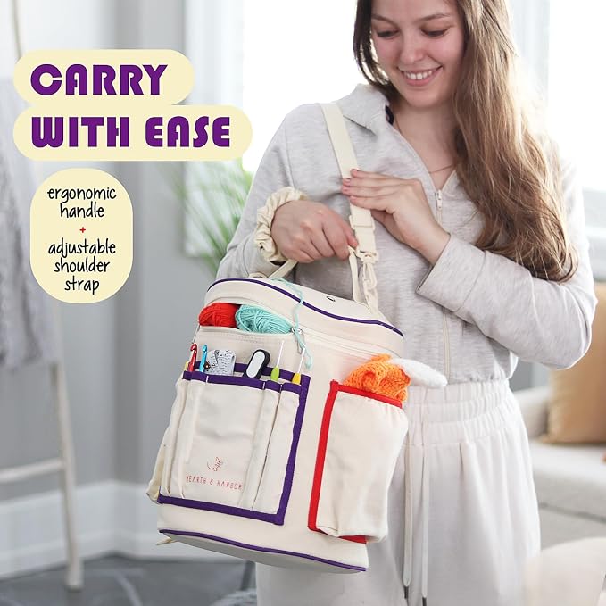 Hearth & Harbor Crochet Bag Organizer – Durable Knitting Bag, Yarn Organizer for Accessories and Supplies, Canvas Yarn Holder, Crochet Carrying Case with Accessories Pouch, Storage Organizer