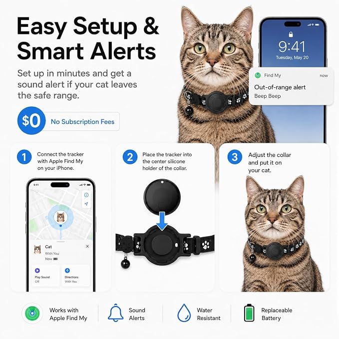 Cat Collar (iOS Only) - Pet Tracker Compatible with Apple Find My, Waterproof Smart Tag, No Monthly Fee. Advanced Safety Solution for Small & Large Cats.