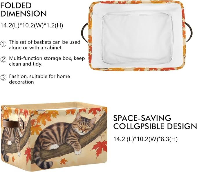 Wamika Fall Cat Kitty Storage Basket with Waterproof Liner and PU Handles Autumn Maple Leaves Storage Bins Boxes 14.2" Collapsible Decorative Organizer Baskets for Bedroom Closet Office 1 Pack